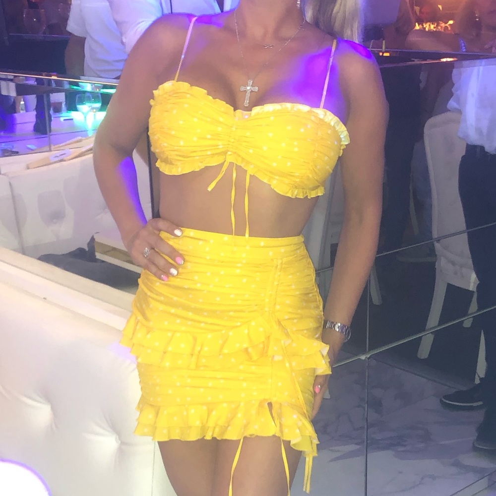 Tiger mist yellow polka dot skirt top set